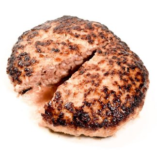 半分にカットされて断面からたっぷりの肉汁が溢れ出る大ぶりの焼きハンバーグ