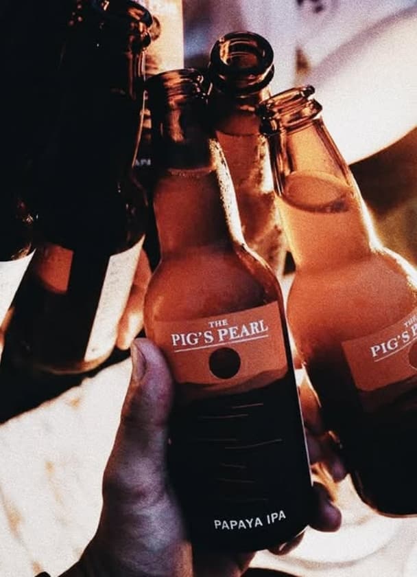 手に持った田原ポークオリジナルビール「THE PIG'S PEARL PAPAYA IPA」のボトル